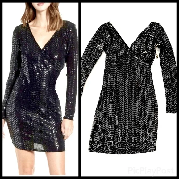 Leith | Dresses | Leith Black Sequin Cocktail Party Dress Sexy Long Sleeves  Mini Vneck Nwt Xs | Poshmark